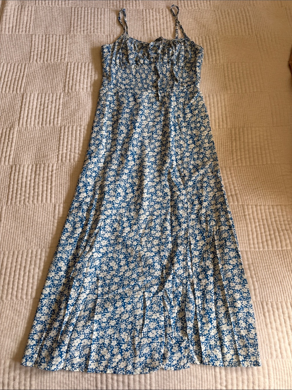 SHEIN Blue and White Floral Tie-Front Midi Dress